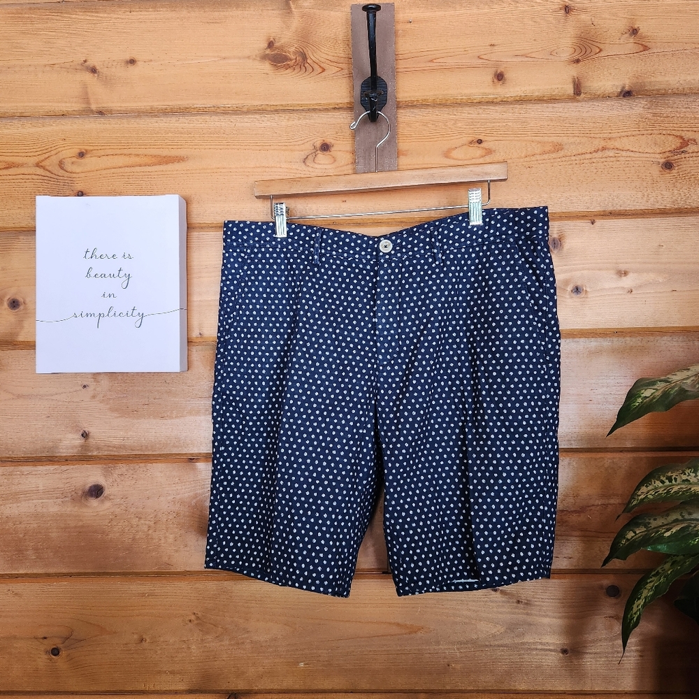 Massimo Dutti Shorts 2904‎ Preppy Flat Chino Pockets Navy White Polka Dots Sz 34